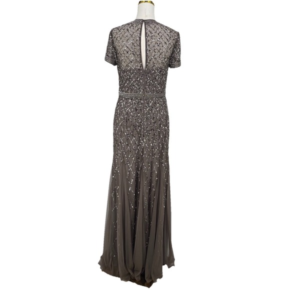 Adrianna‎ Papell Womens Beaded Gown 8 Taupe Mesh Feminine Elegant Wedding NYE - Picture 3 of 9
